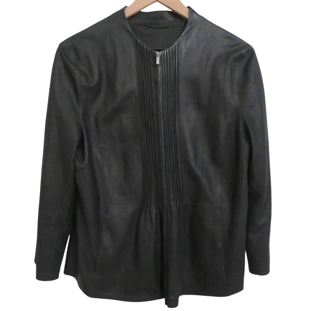 Armani Collezioni Womens Sz 10 Black 100% Goat Leather Jacket Pleated Zip Front
